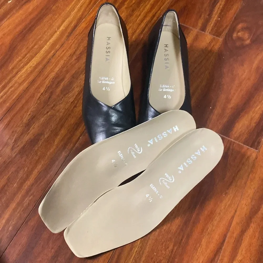 Vintage Black Leather Chunky Heeled Loafers Block Heels HASSIA Uk 4.5 G
